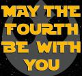 Illustration of the Rebel Alliance logo in gray, on a starfield background, with the phrase "MAY THE FOURTH BE WITH YOU" superim