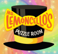Illustration of top hat on rainbow background and text "Mr. Lemoncello's Puzzle Room