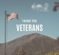 Muted-color photo of American flag, on flag pole, in front of mountains and blue superimposed by white letters spelling "THANK Y