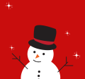 Illustrated image of snowman on red background with a black top hat.