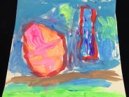 Child's painting with pink circle and purple rectangle on blue and green background