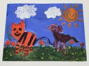 Painting of a tiger cat and a purple puppy in a field with clouds and a sun