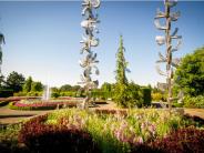 Flowers, sculptures, and a fountain at the Oregon Garden