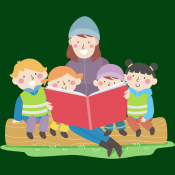 An adult reading to children sitting on a log