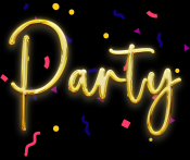 The word "Party" on a confetti background