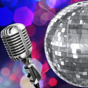 A disco ball and microphone against a background of colored lights