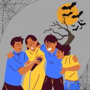 Illustration of people singing into a microphone against a background with bats, spider webs, and a full moon