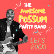Black and white photo of Oscar Murden of Awesome Possum Party Band  holding a guitar, on a bright coral background
