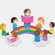 Children listening to storyteller on a rainbow