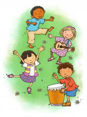 Illustration of kids dancing and playing musical instruments