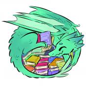 Art by Carey Pietsch Dragon curled around books