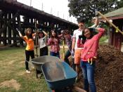 Moving mulch the Rustic Shelter area with International Students