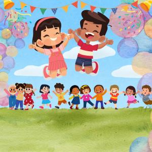 Illustration of two happy children jumping in the air, in front of a line of smiling children on a green hill.