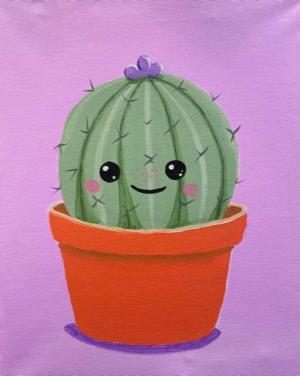 Painting of cute smiling cactus in red pot on lavender background.