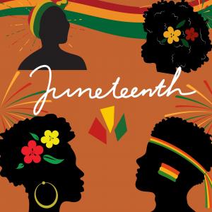 Black silhouettes of four faces decorated in red/yellow/green on an orange background.