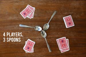Picture of four card stacks and three spoons and the words "4 Players, 3 Spoons."