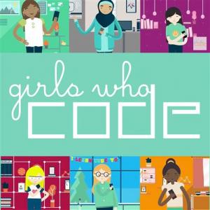 Poster with illustrations of six girls in science environments and the text "girls who code"