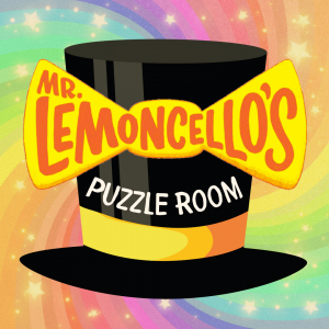 Illustration of top hat on rainbow background and text "Mr. Lemoncello's Puzzle Room