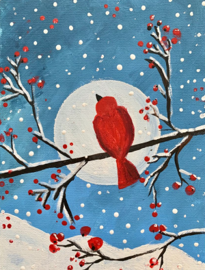 Painting of a red cardinal on a branch with red berries, snow, and a blue background.