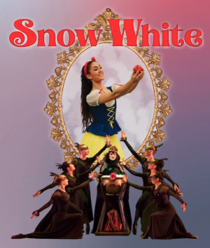 NWDT poster showing Snow White holding an apple in a mirror, while the Evil Queen, flanked by 6 other dancers in black, stares i