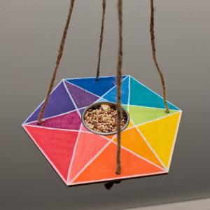 Image of bird feeder with rainbow colored perch.
