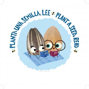 2026 Summer Reading program graphic, showing 2 seeds, reading books.