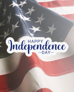 "Happy Independence Day" written in blue font over image of American flag.