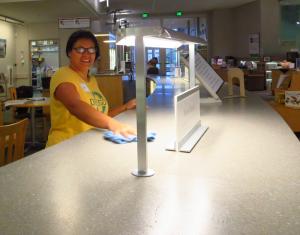 Volunteer dusting the library