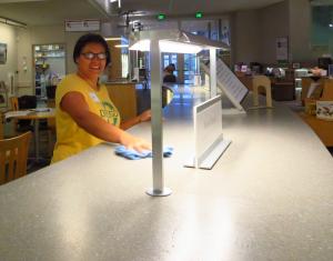 Volunteer dusting the library