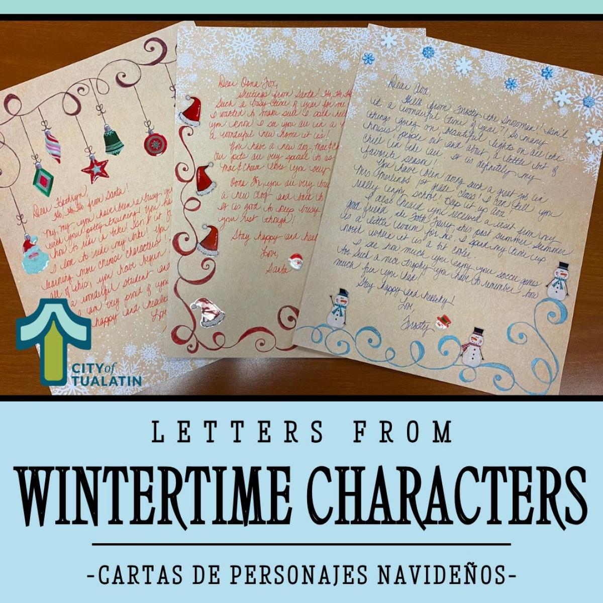 Letters from Wintertime Characters/Cartas de personajes navideños Handwritten letters with the text "Letters from Wintertime Characters/Cartas de personajes navideños"