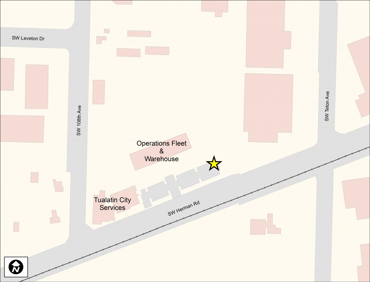 Map showing the location of the sand pile in the northeast corner of the Tualatin City Services parking lot.