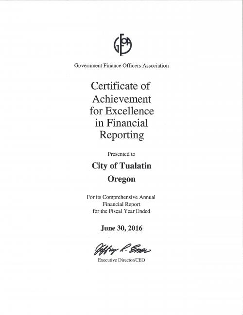 City of Tualatin Awarded the Certificate of Achievement for Excellence